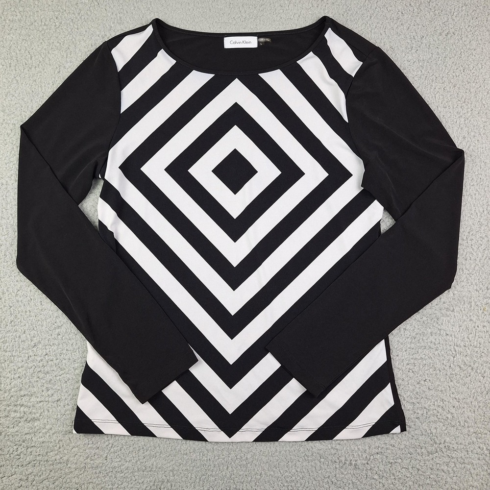 Calvin Klein Top Womens Large Black White Geometric Diamond Stretch Contemporary